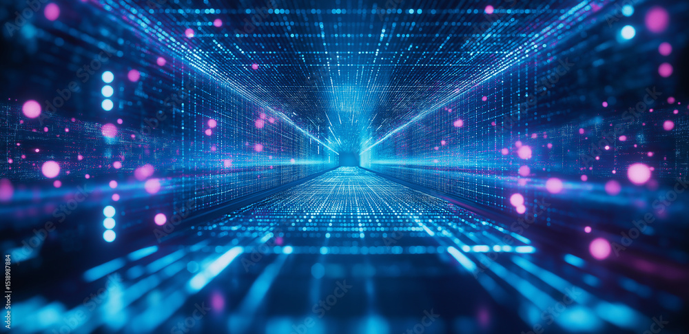 Poster this image displays a futuristic digital light beam tunnel with blue and purple rays intertwining, c