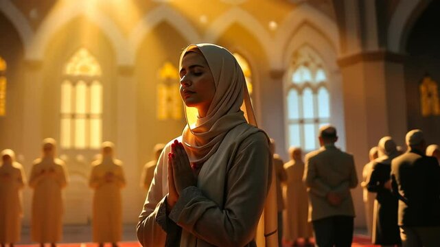Muslim women, religious attire, spiritual practice. Faith expression. Hijabs symbolize modesty commitment. Prayer deepens personal spirituality. Worship connects community values.