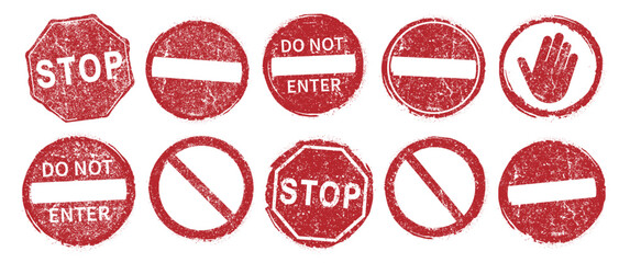 STOP no entry road sign icon shape set. Traffic Prohibition logo symbol. Vector illustration image. Isolated on white background. Not allowed direction sign. No trespassing. Do not enter. Grunge stamp