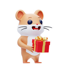 Hamster Offers A Box Of Gifts 3D Illustration.