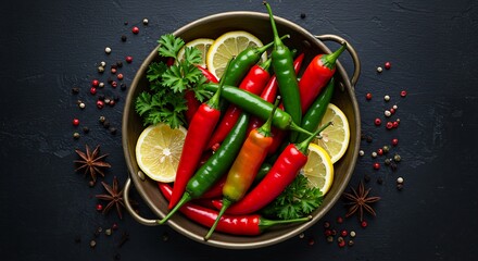 Red and Green Chili Peppers with Lemon and Parsley in a Bowl on Dark Background