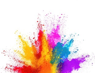 A vibrant explosion of colored powder bursts into the air, creating a stunning display of reds, blues, yellows, and greens against a clear backdrop.