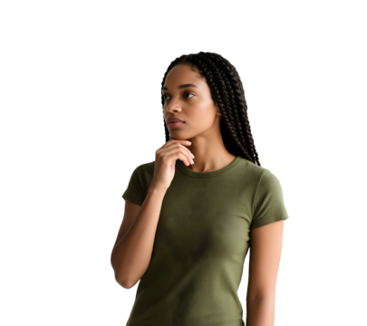 Portrait of a afro woman with braids in a green shirt looking thoughtful isolated on transparent background, no background - Powered by Adobe