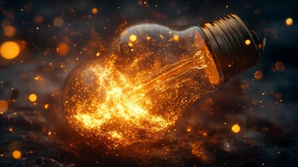 Glowing Lightbulb Emanating Fiery Sparks, Symbolizing Innovation and Brilliance