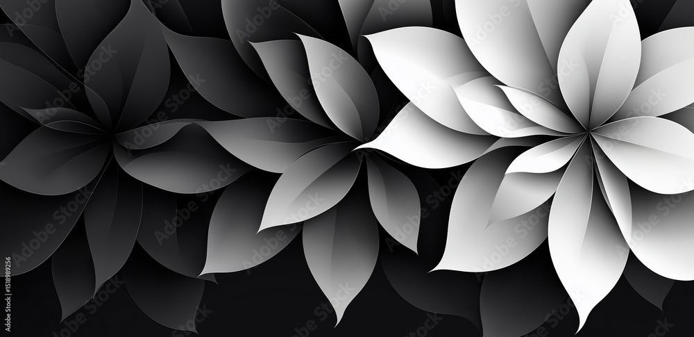 Poster this image displays several black-and-white abstract flowers with distinct petals and smooth lines, 