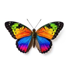 Obraz premium A vibrant rainbow-colored butterfly with intricate patterns rests gracefully on a pristine white background, showcasing its delicate wings and vivid hues.