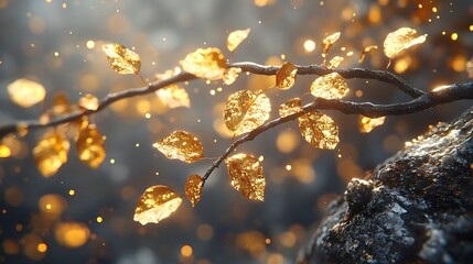 Gilded Foliage: A Luminous Dance of Golden Leaves and Sparkling Light Effects