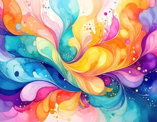 A vibrant abstract watercolor painting background featuring fluid brush strokes in a harmonious blend of blues, greens, and soft yellows, evoking tranquility.