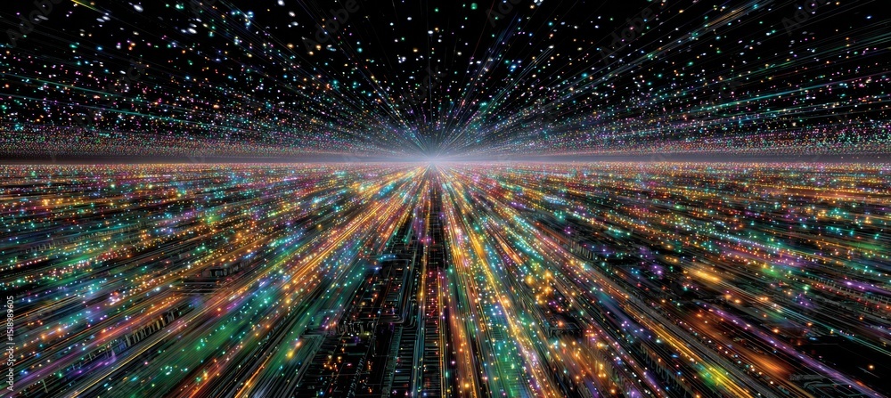 Poster Colorful data on travel. Matrix teleport portal. Generative AI technology.