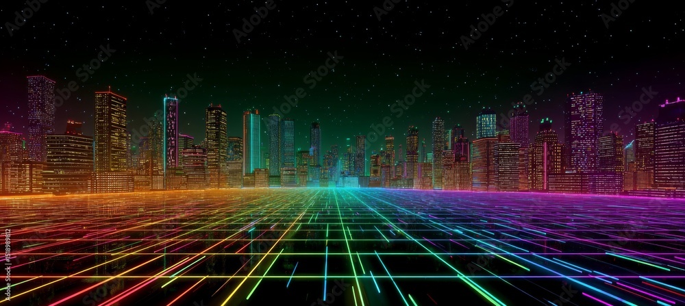 Poster colorful virtual city building with perspective grid. cyberspace metaverse world. generative ai tech