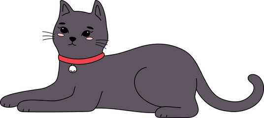 Cute Black Cat Lay Sleep Handdrawn Outline