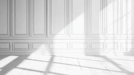 Empty white room with paneled walls and sunlight.