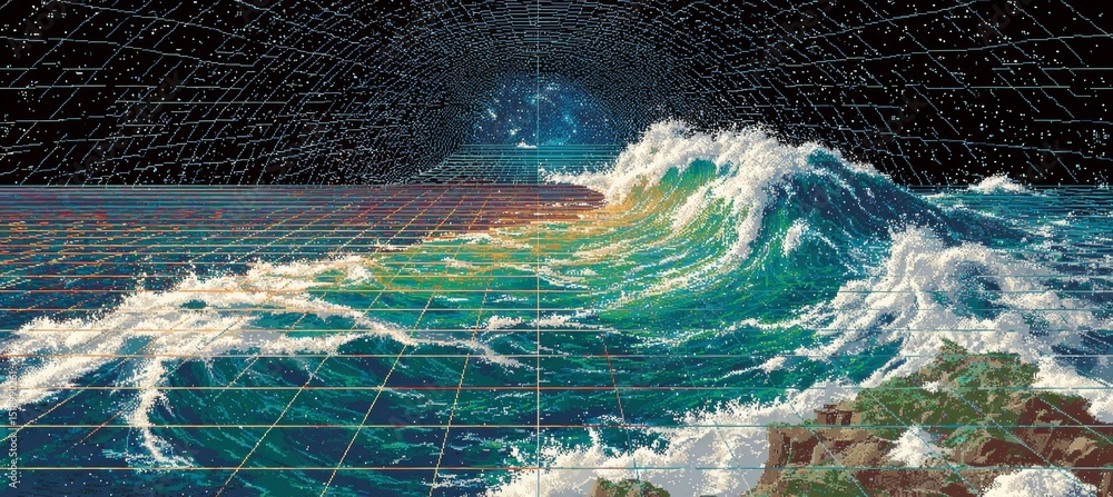 Poster ocean wave with perspective space grid. copy space background. 80s retro vintage backdrop. generativ