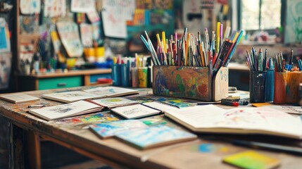 Creative Art Studio Messy Workspace: Colorful Pencils, Sketchbooks, and Paints