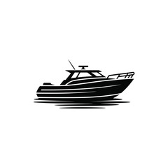 Silhouette of a Modern Motorboat with Antenna on Water, Black and White Nautical Illustration