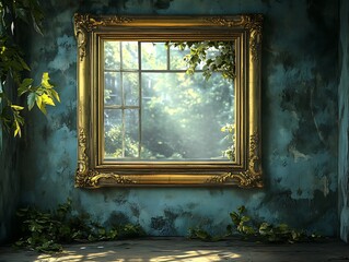 Ethereal window into verdant landscapes framed by ornamental gold edging