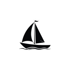 Silhouette of Sailboat on Water with Mast and Flag in Black and White