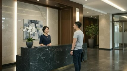 Modern hotel lobby with reception desk and guest interacting with the receptionist - Powered by Adobe
