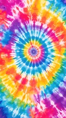 A vibrant tie-dye design featuring a swirling rainbow spiral pattern, showcasing a blend of bright colors like red, blue, yellow, and green, creating a lively and artistic effect.