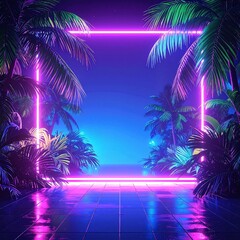 Naklejka premium Vibrant neon jungle wallpapers by TheArtIon, featuring lush tropical foliage illuminated in bright colors, creating a lively and exotic atmosphere.