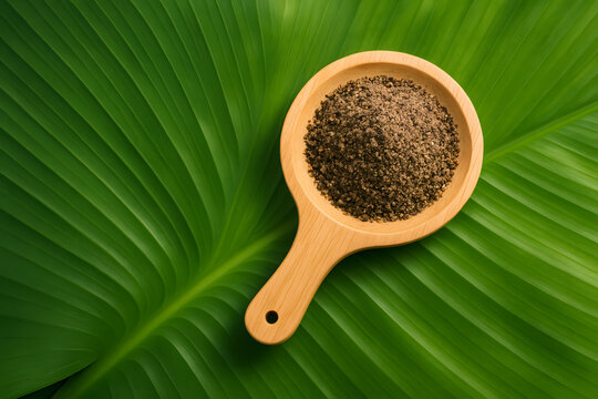 Ground Black Pepper in Wooden Scoop on Green Leaf Background for Cooking and Culinary Spices