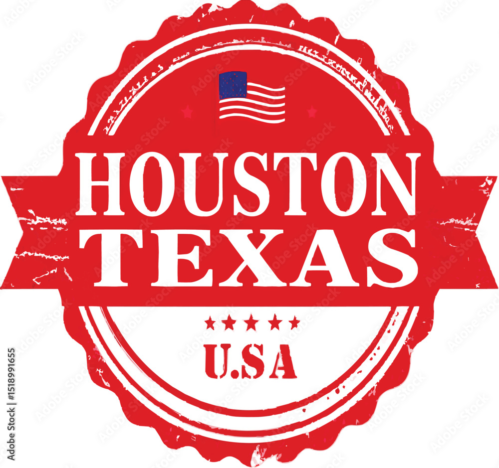 Poster a red seal with houston texas and usa text and a small american flag on a background image on transp