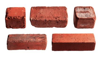 Five Red Bricks with Varied Textures on Transparent Background, PNG