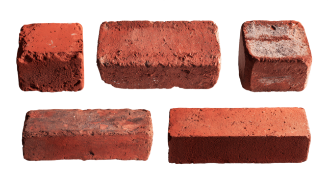 Five Red Bricks with Varied Textures on Transparent Background, PNG