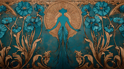 branding for floral beauty products | celestial alignment | idealized elegance | bronze and teal | vertical symmetry | wildflowers | haloed figure ornamentation | stylized silhouette | Belle poque