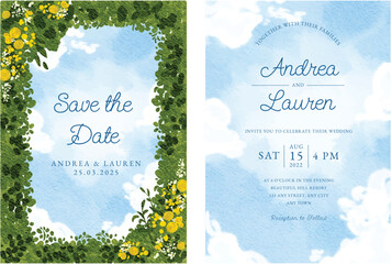 Garden with blue sky background wedding invitation