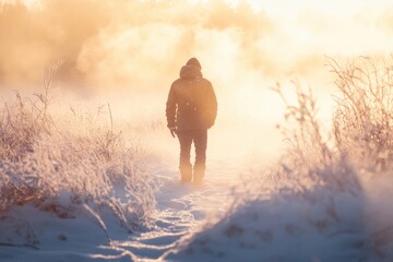 Icy air and snow on ground, man in jacket trying to stay warm in early morning light
