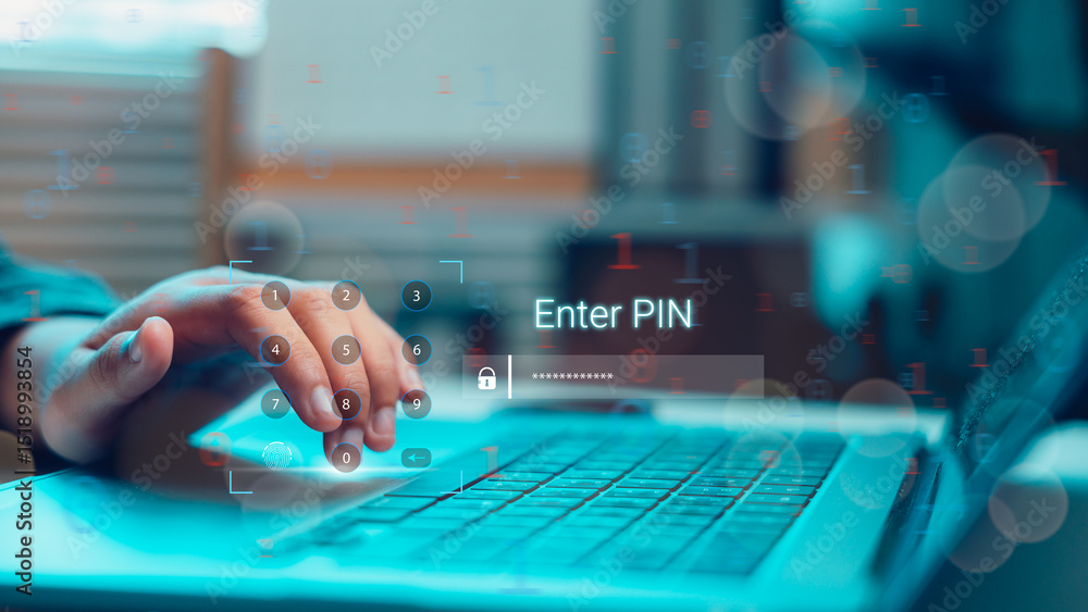 Poster close-up of hand entering pin on digital interface, representing cybersecurity, password protection,