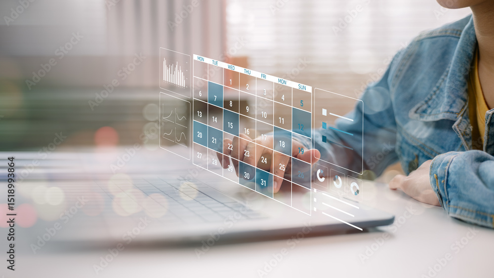 Poster user interacting with digital calendar on virtual interface, representing time management, productiv