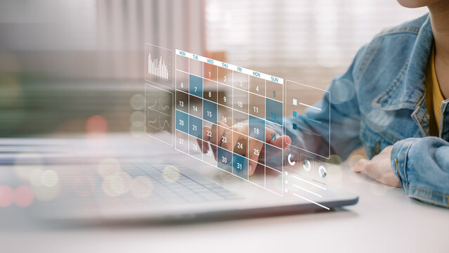 User interacting with digital calendar on virtual interface, representing time management, productivity planning, schedule organization, event tracking, and smart business workflow systems.