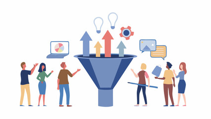 Illustration of people around a marketing funnel with arrows and icons representing data flow and ideas