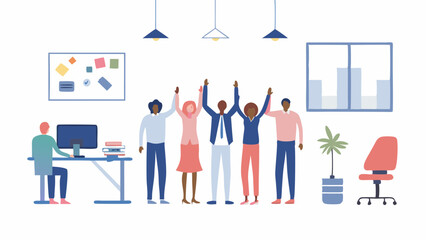 Group of diverse professionals celebrating success in a modern office environment with computer and plants