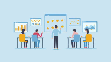 People in a meeting room looking at charts and graphs on screens with stars and data points