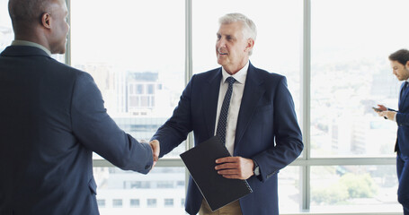 Office, welcome and shaking hands with business men together with document for event. Greeting,...
