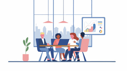Illustration of diverse team meeting around a table with a data chart in the background view