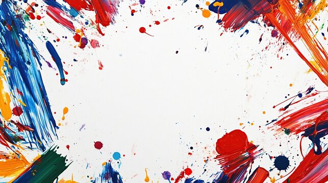 Abstract paint splatter art with vibrant colors framing a white center