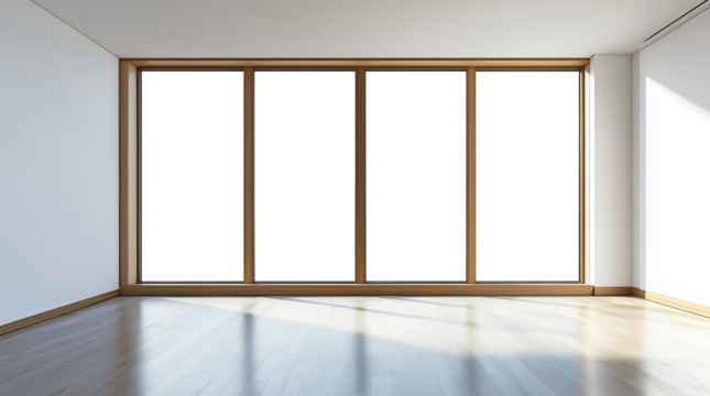 Bright empty room interior with large triple window and wooden frames with white background behind the windows - Powered by Adobe