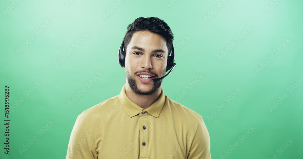 Poster man, headset and portrait for call center in studio with smile, mockup space or talk by green backgr
