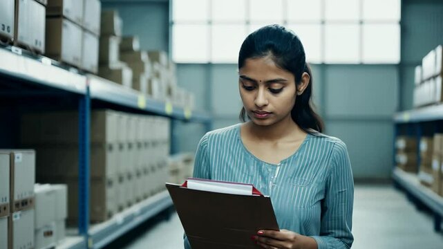 A young serious Indian woman stands in a warehouse with a clipboard. With a serious expression, she takes notes on her clipboard, committed to maintaining operational excellence.