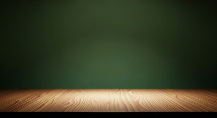 Beautifully lit wooden platform in front of a dark green gradient wall, suitable for showcasing items