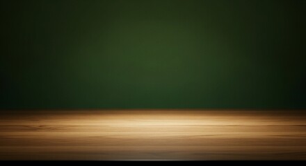 Rustic wooden table featuring soft illumination, contrasting with a muted dark green background, for diverse applications