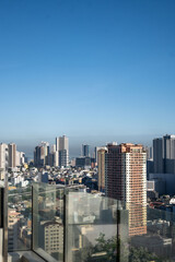Vertical image of the cityscape of Manila skyline with high-rise buildings surrounded by lush greenery outdoor at daytime on the rooftop of a hotel during a holiday in the Philippines in Asia.