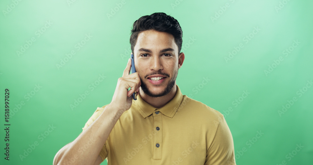 Aufkleber man, phone call and portrait in studio with smile for talk, chat and connection by green background.