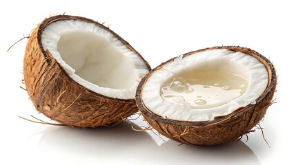 A vibrant close-up of a fresh coconut, perfectly split in two, revealing its white flesh and natural coconut water, set against a bright white background.