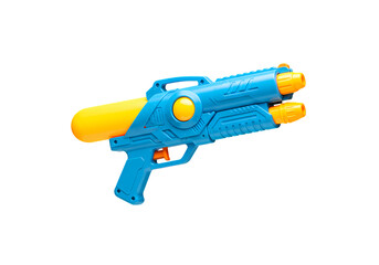 Pixel Art Water Gun Blue and Yellow Summer Toy isolated on transparent baackground