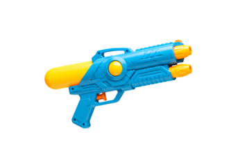 Pixel Art Water Gun Blue and Yellow Summer Toy isolated on transparent baackground